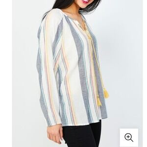 RD Koko Multi Color Striped Tassel Tie Peasant Blouse White Blue Yellow L